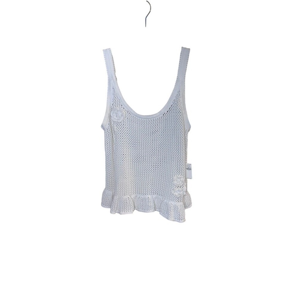 Old Navy Womens White Crochet Floral Applique Ruffle Hem Tank Top Large NEW